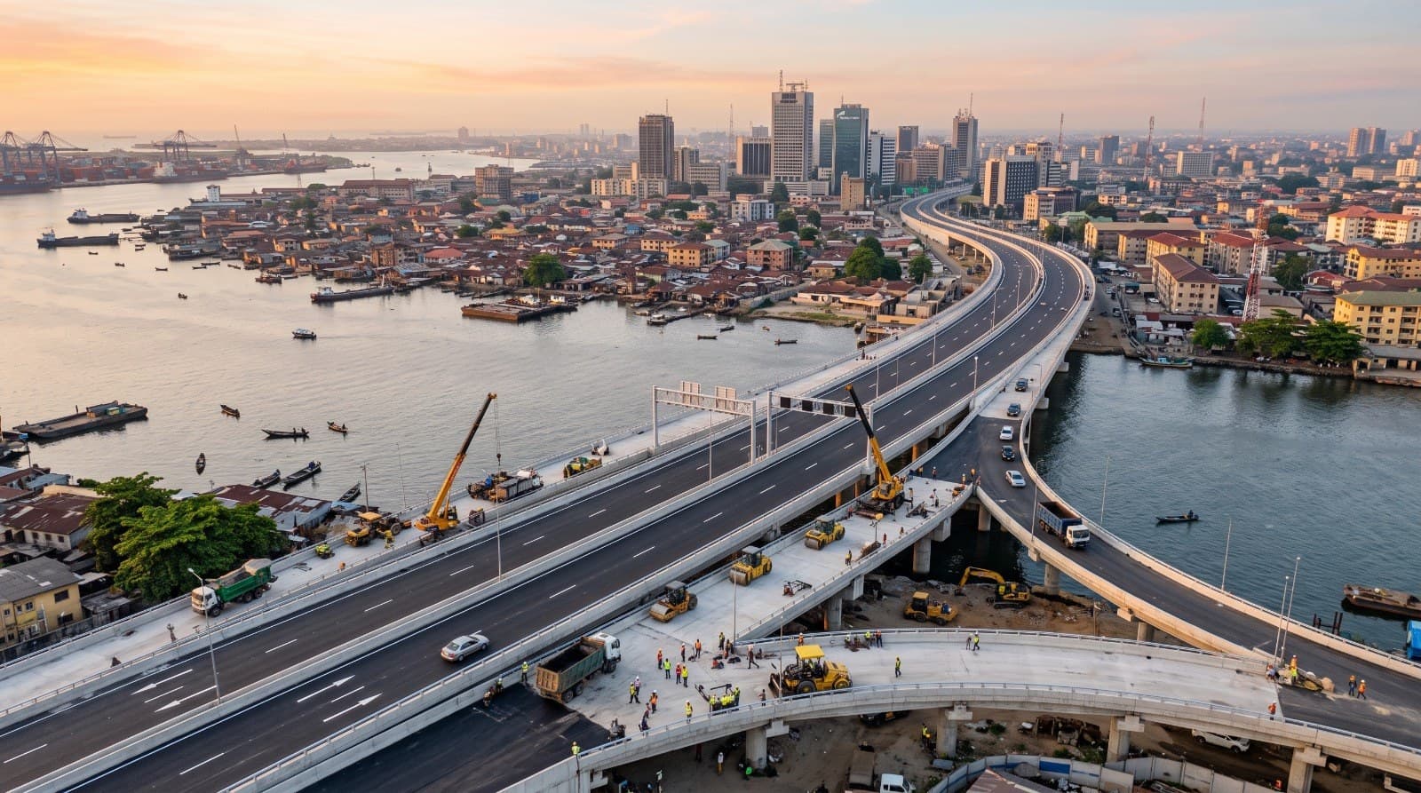 Elevated road and bridge infrastructure over water at sunset